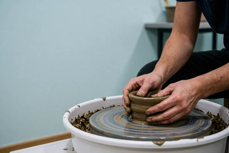 Kuvituskuva: kädet muotoilemassa savikulhoa pyörällä.